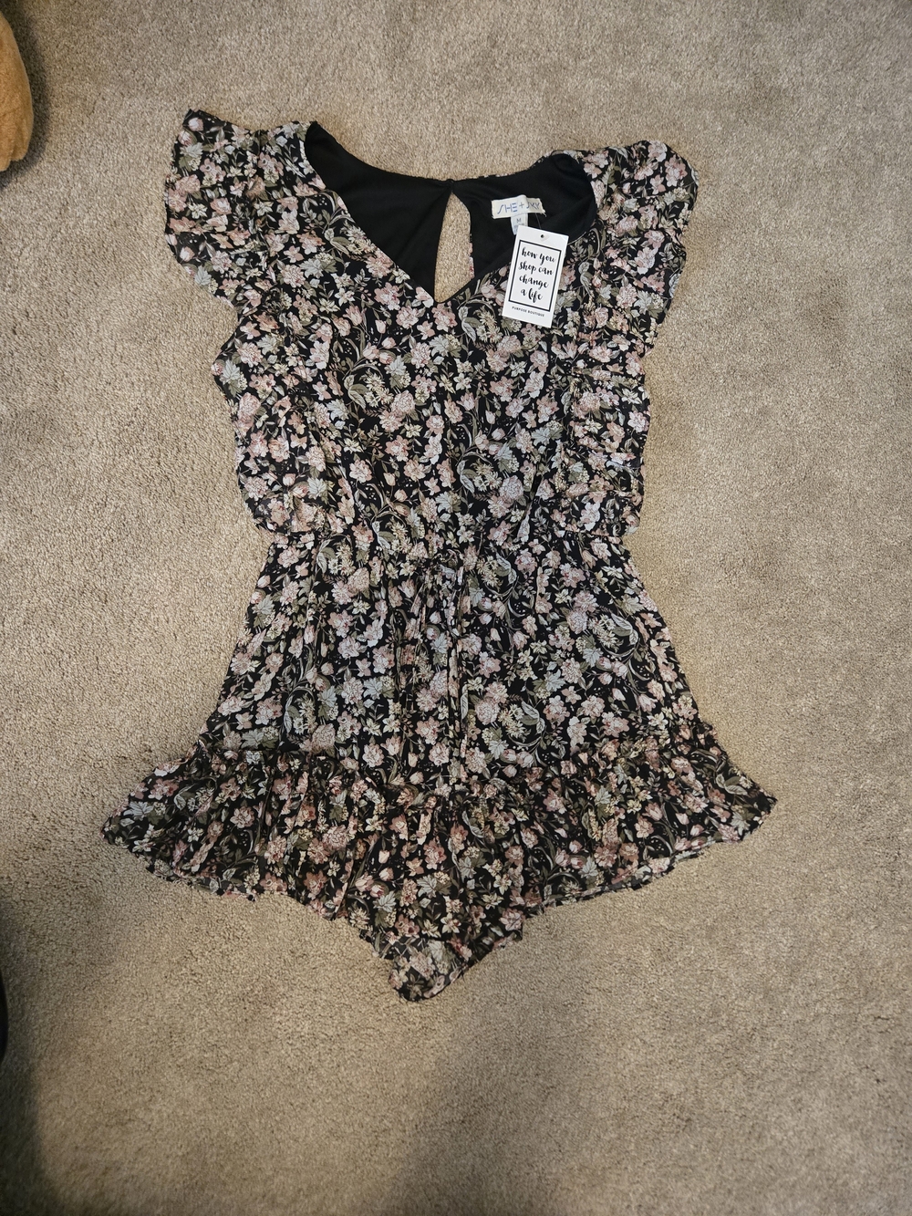 She + Sky Black Floral Romper with Pink and Green Blooms